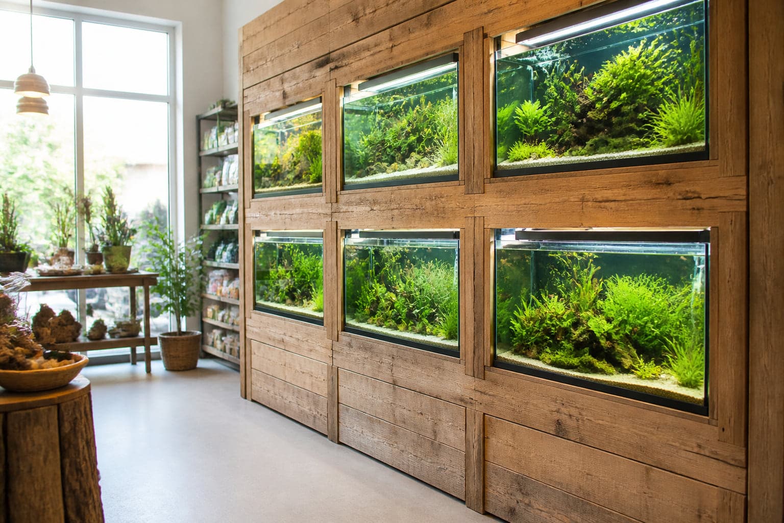 Die Aquarienwand mit acht bepflanzten Becken
